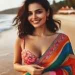 Woman in sari walking on a Kerala beach