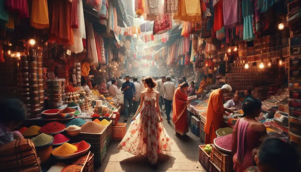 Vibrant market in Mumbai, India, with colorful fabrics and souvenirs.