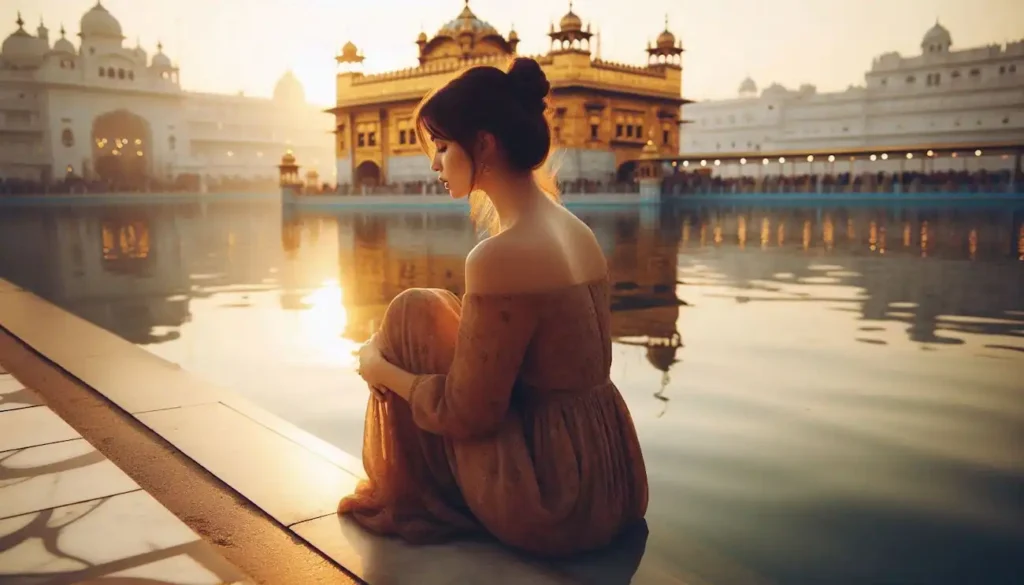 The Golden Temple in Amritsar, Punjab, bathed in the warm glow of sunset.