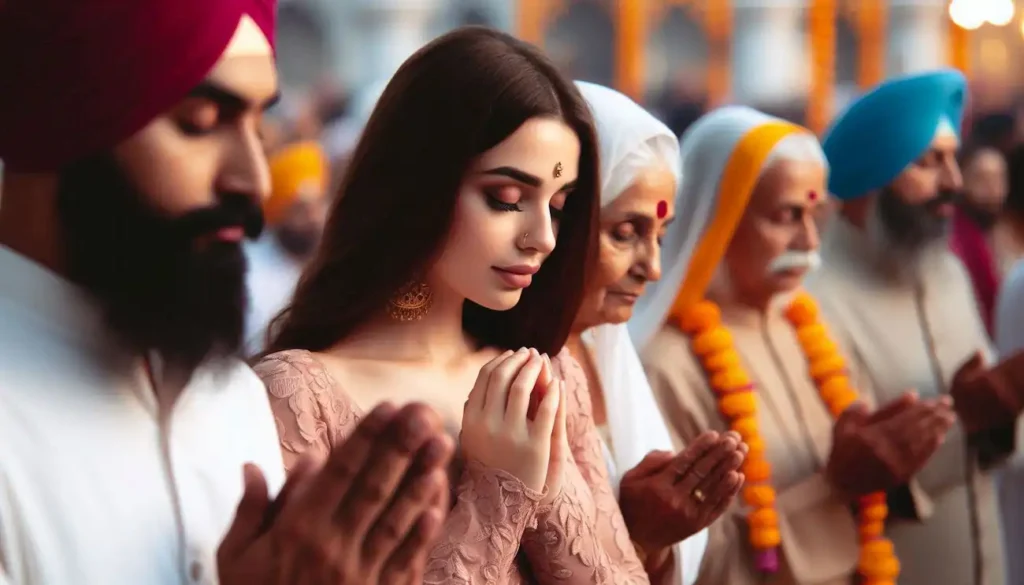 A Sikh family praying inside a colorful gurdwara.