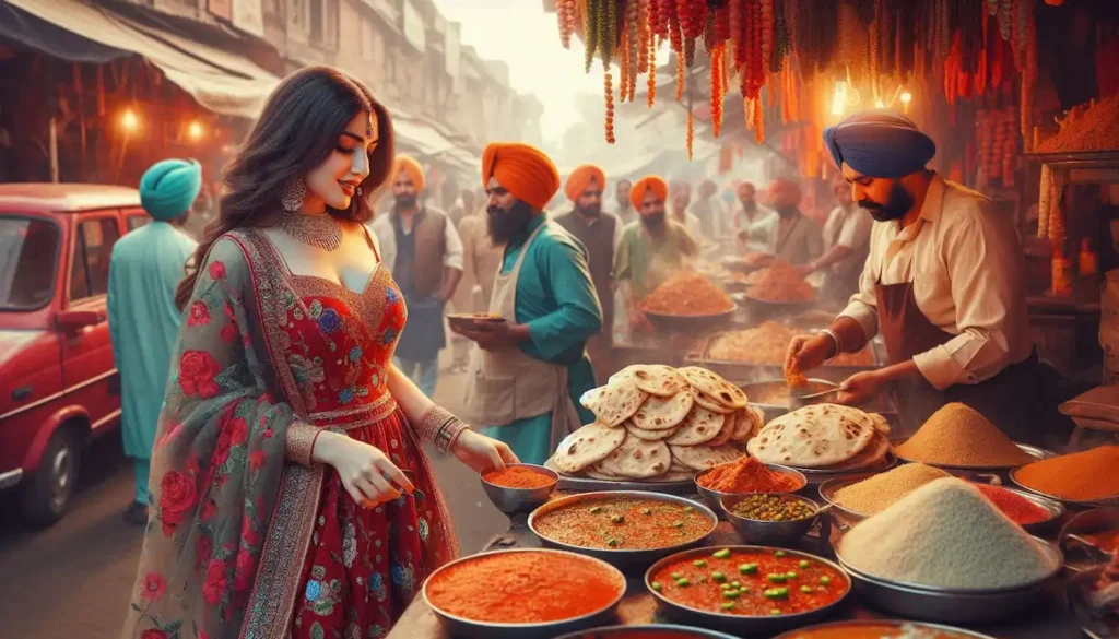 A Punjabi street food stall overflowing with spices and fresh parathas.