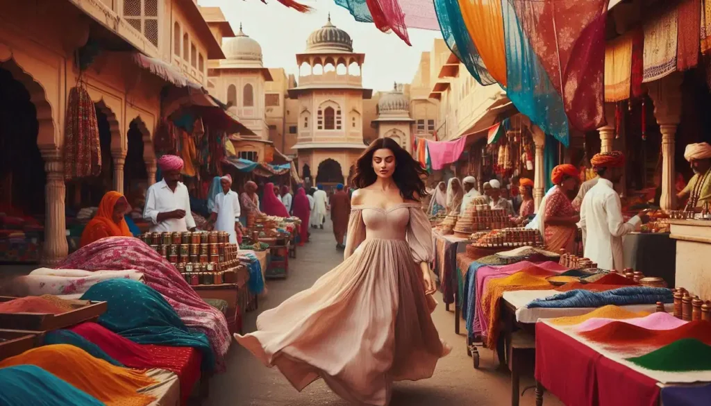 Rajasthani market with colorful fabrics, spices, and locals in traditional dress.