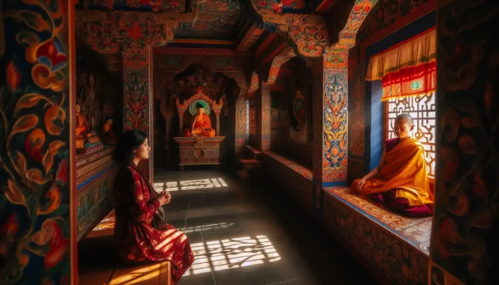 Buddhist monk meditating in ornate Sikkim monastery