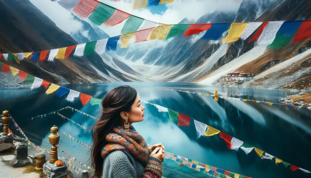 Tsomgo Lake Sikkim with reflections of mountains and prayer flags