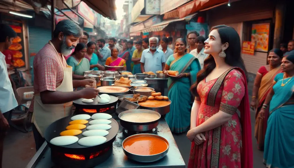 Tamil Nadu street food vendor preparing dosa and idli