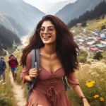 Hikers on a scenic trail in Uttarakhand with wildflowers and a mountain village