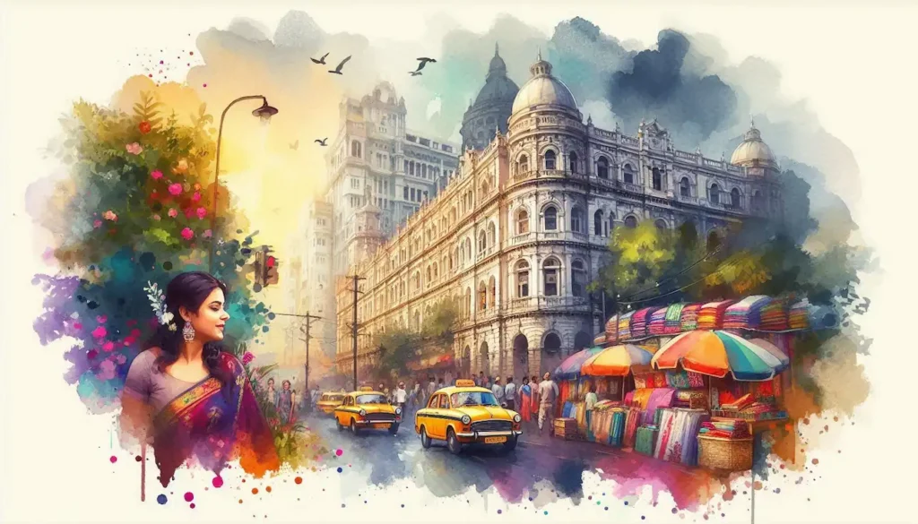 Colorful Kolkata street scene with colonial buildings, yellow taxis, and a market stall.