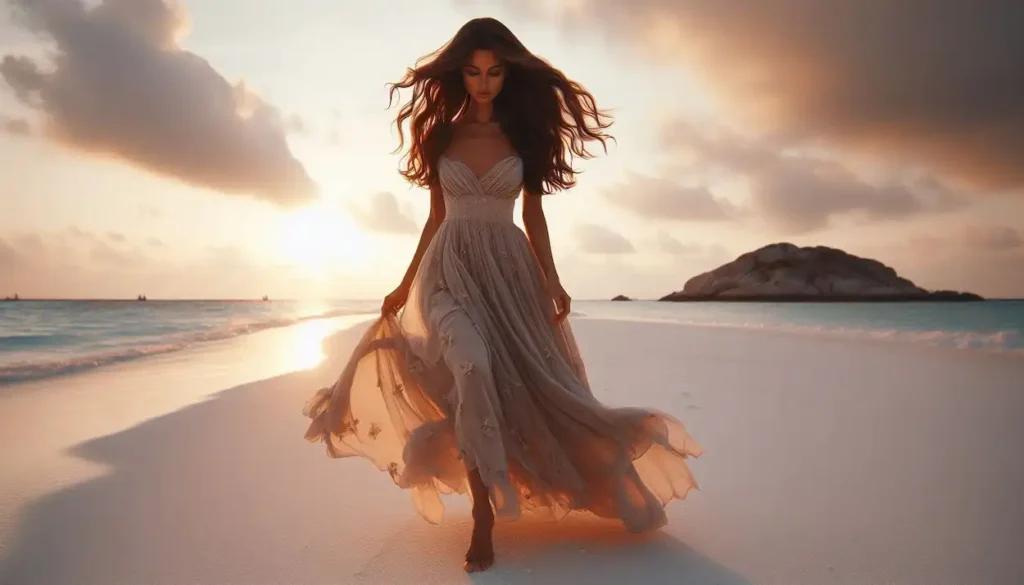 Fair Indian woman in attire strolling on Agatti Island beach at sunset.