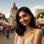 Smiling Indo-American woman exploring The Forks in Winnipeg during a summer festival.