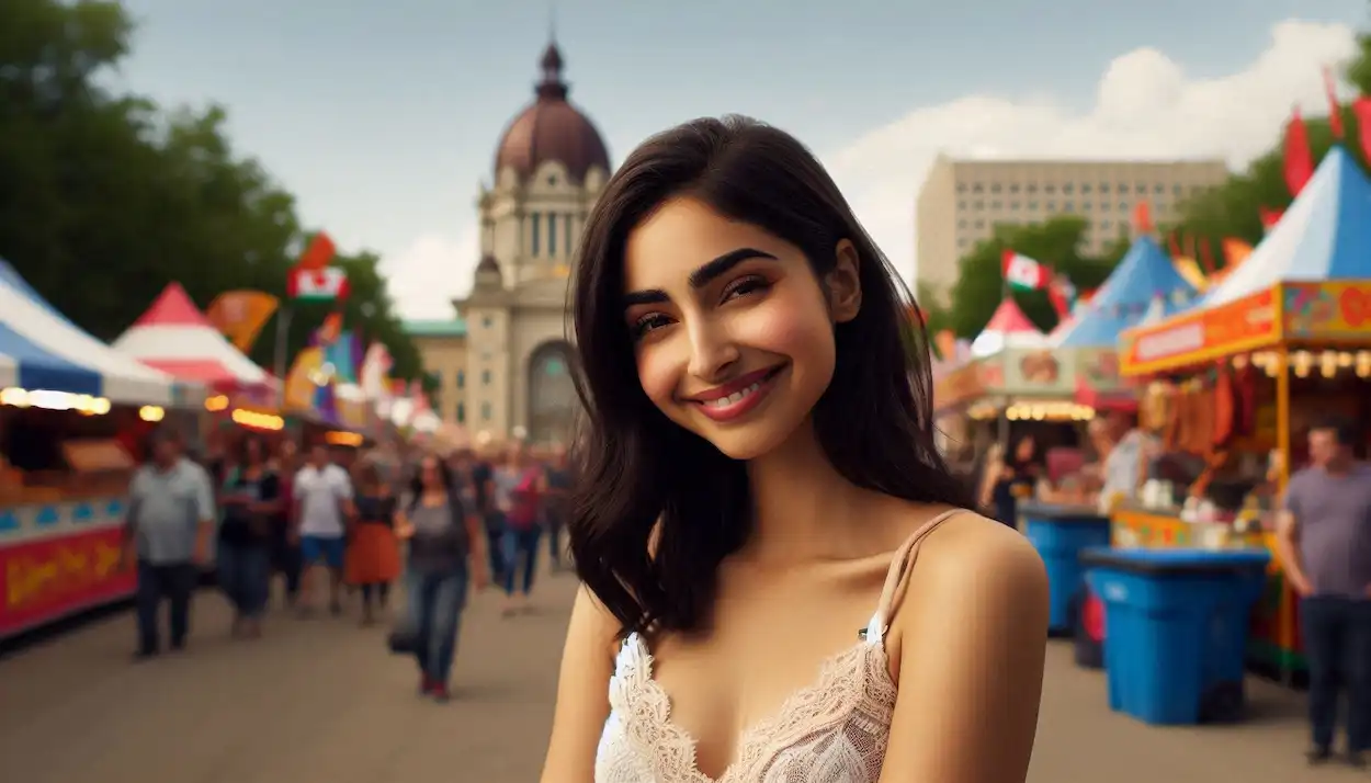 Smiling Indo-American woman exploring The Forks in Winnipeg during a summer festival.