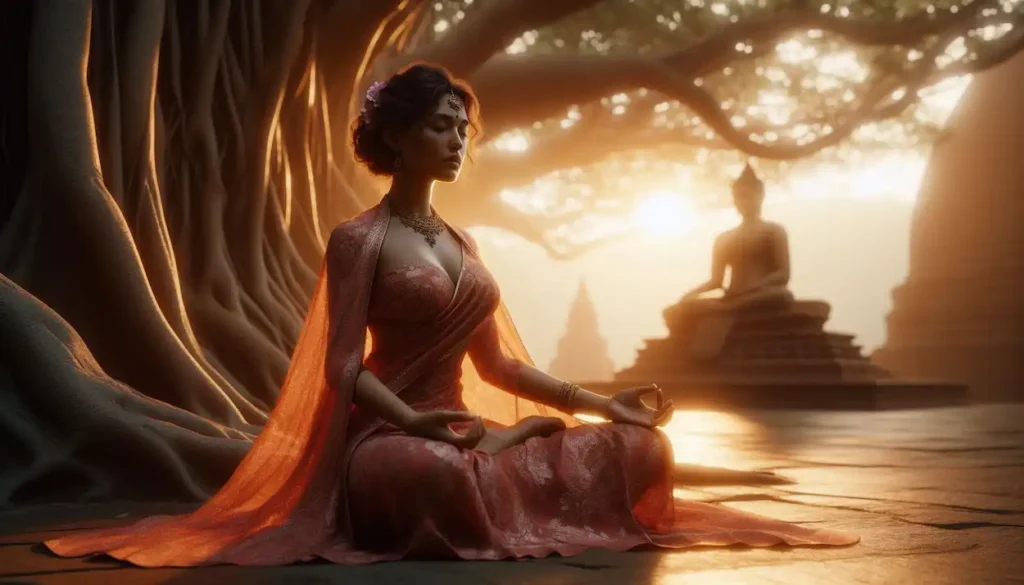 woman meditating under the Bodhi tree in Bodh Gaya