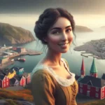 A smiling Indo-American woman in a flowing dress stands on Signal Hill, overlooking the colorful harbor of St. John's, Newfoundland.