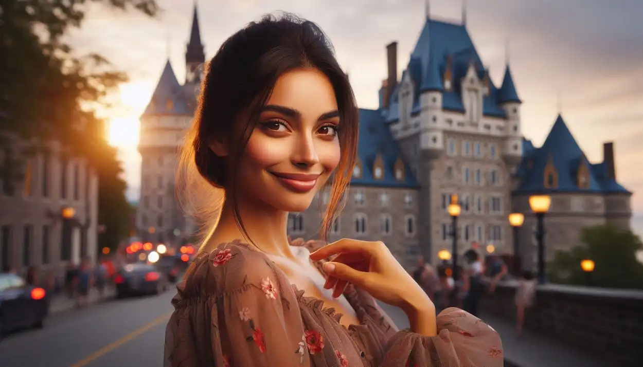 Smiling Indo-American woman admiring historic architecture in Old Quebec City at sunset.