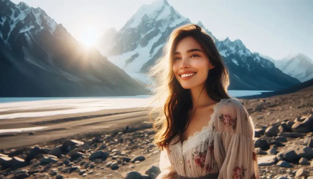 Indo-American woman admiring Mount Logan in Kluane National Park.