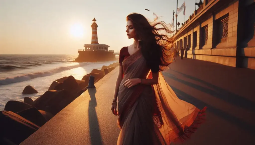 woman in sari enjoying sunset on Pondicherry's Promenade Beach.