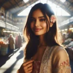 A smiling South Asian woman in a flowing dress explores the Adelaide Central Market.