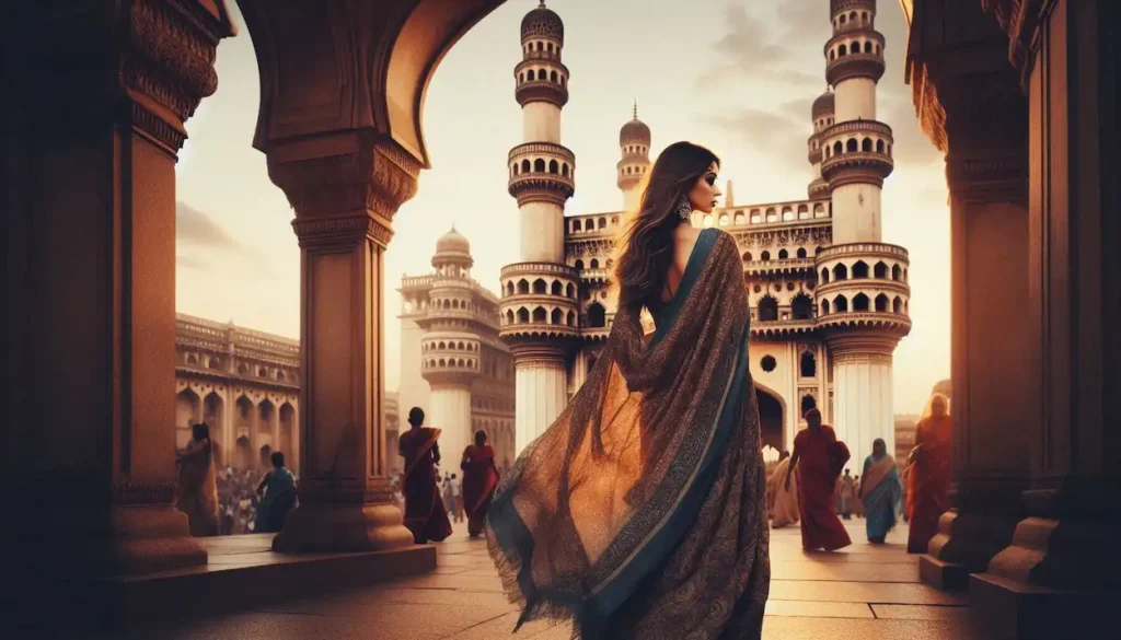 Fair woman , wearing a flowing sari, exploring the Charminar in Hyderabad at sunset.