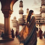 Fair woman , wearing a flowing sari, exploring the Charminar in Hyderabad at sunset.