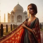 woman in sari at Taj Mahal sunrise