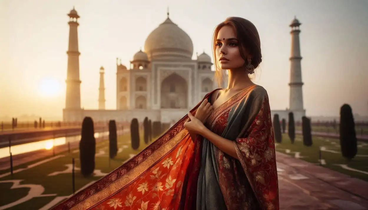 woman in sari at Taj Mahal sunrise