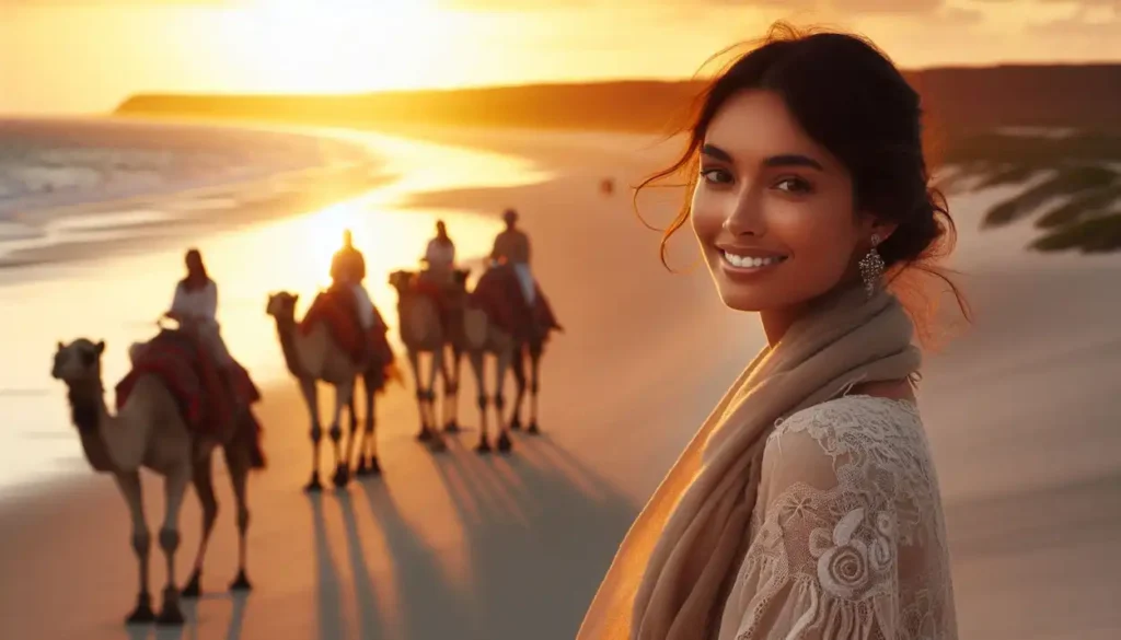 A smiling woman in a flowing dress watches a camel caravan silhouetted against the colorful sunset at Cable Beach, Broome, Western Australia.