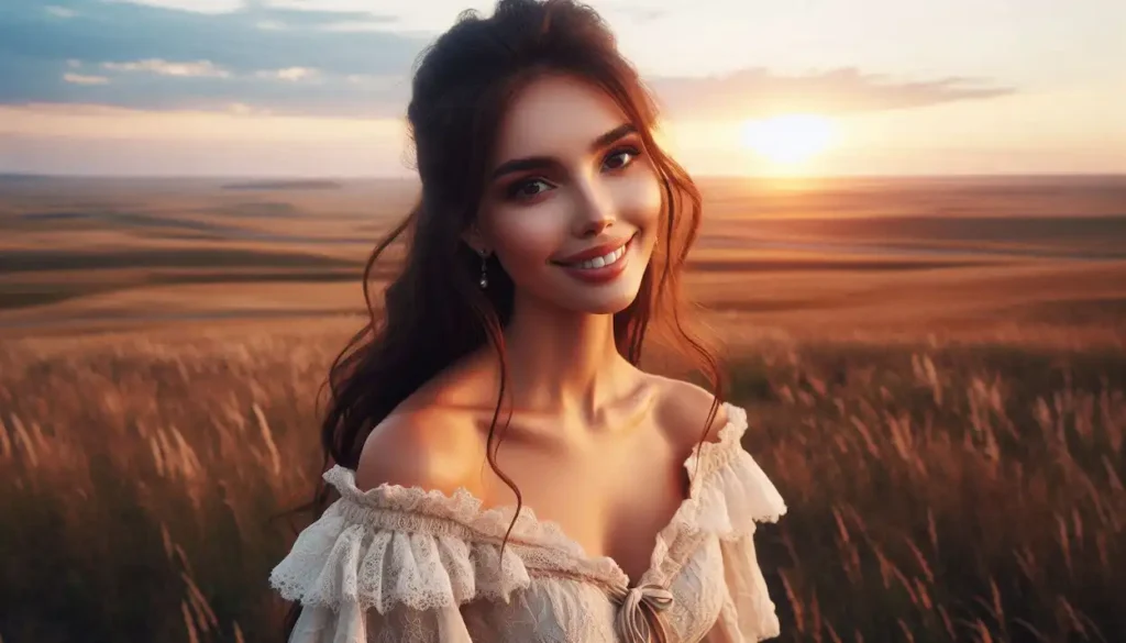 Smiling Indo-American woman in flowing dress, arms outstretched, celebrating the vast prairie sunset in Grasslands National Park, Saskatchewan.