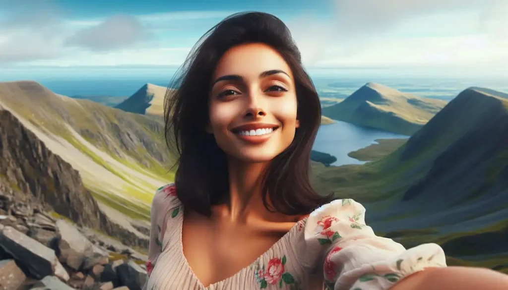 A smiling Indo-American woman in romantic attire atop Mount Snowdon, overlooking Snowdonia National Park