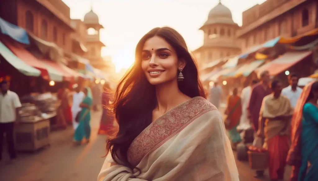 A fair woman in a flowing sari smiles as she explores the vibrant Chandni Chowk market in Old Delhi