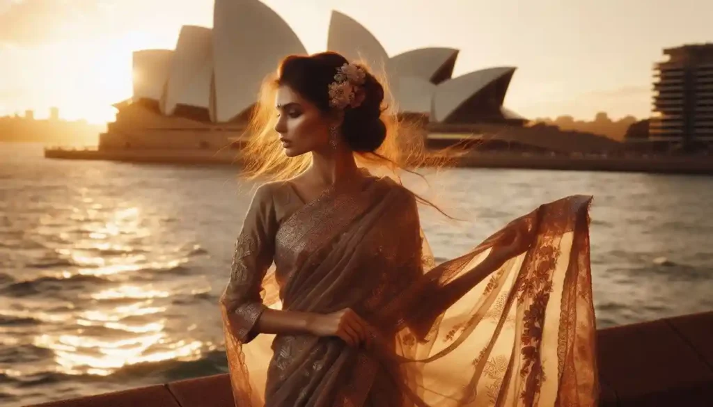 Fair Indo-American woman in sari admiring Sydney Opera House at sunset.