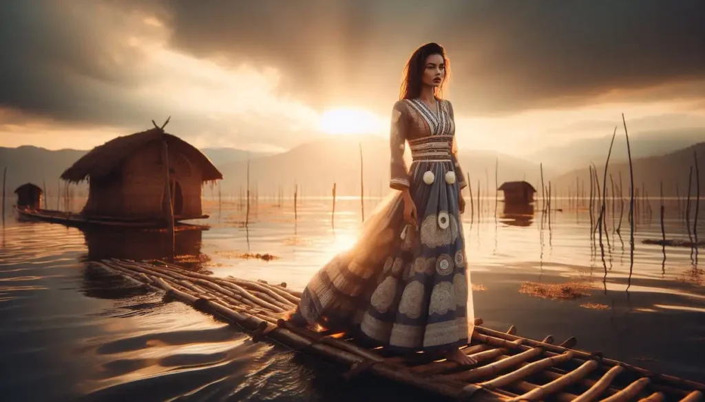 Indian woman in traditional Phanek on a floating island in Loktak Lake.