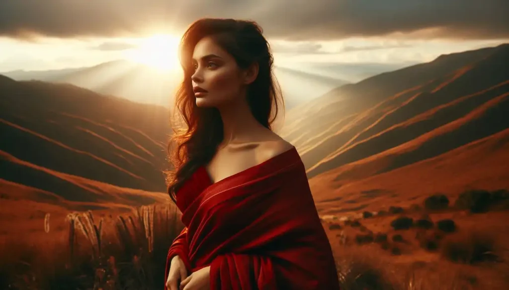 A woman in a red saree overlooking the breathtaking Dzukou Valley in Nagaland, India, at sunset