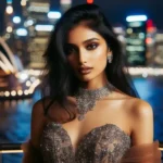 Indo-American woman attending gala event at Sydney Opera House.