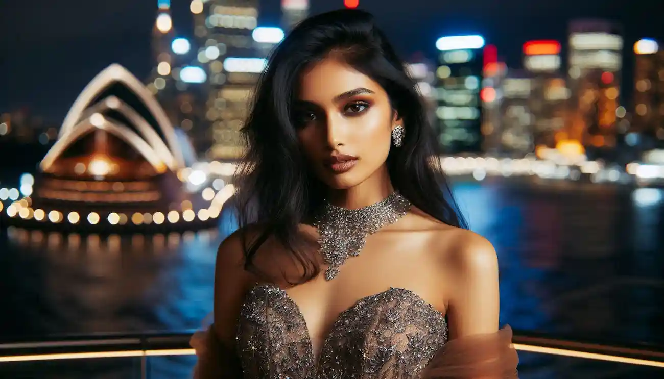 Indo-American woman attending gala event at Sydney Opera House.