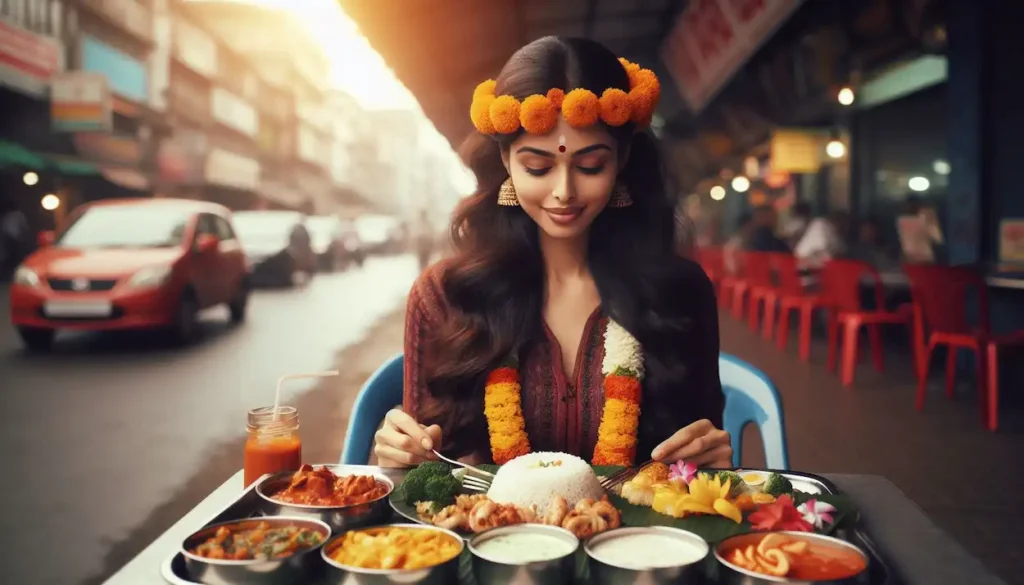 A woman in a flower garland enjoys a colorful Naga thali meal at a roadside eatery in Nagaland.