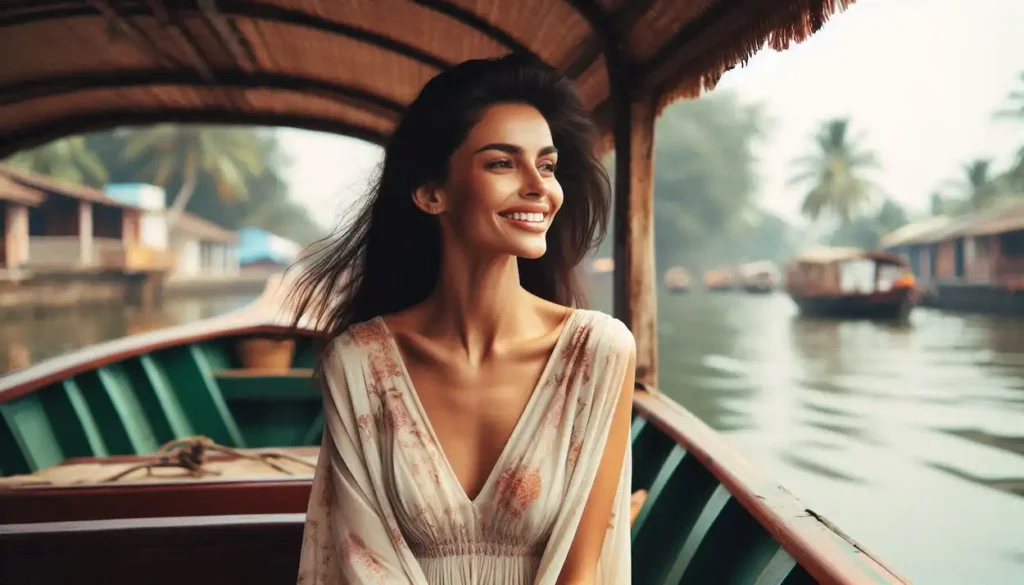 Joyful woman enjoying a boat ride on the Pondicherry backwaters.