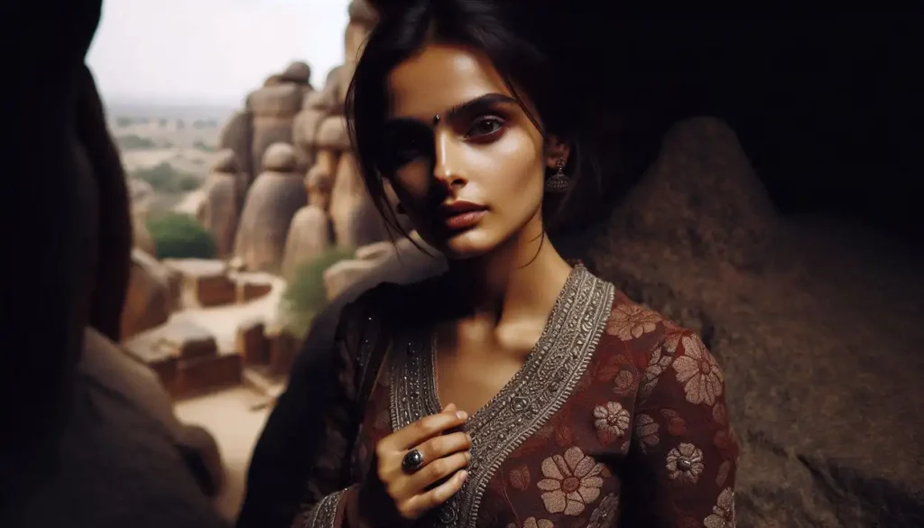 Fair woman , exploring Bhongir Fort in a traditional Lambadi dress.