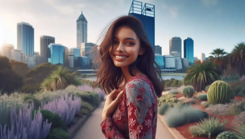 A woman walks through the flower beds of Kings Park and Botanic Garden in Perth, Western Australia, with the city skyline in the background.