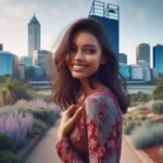 A woman walks through the flower beds of Kings Park and Botanic Garden in Perth, Western Australia, with the city skyline in the background.