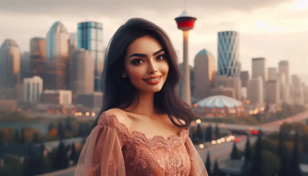 A woman with a bright smile poses in front of the Calgary Tower, with the city skyline stretching out behind her.