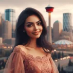 A woman with a bright smile poses in front of the Calgary Tower, with the city skyline stretching out behind her.