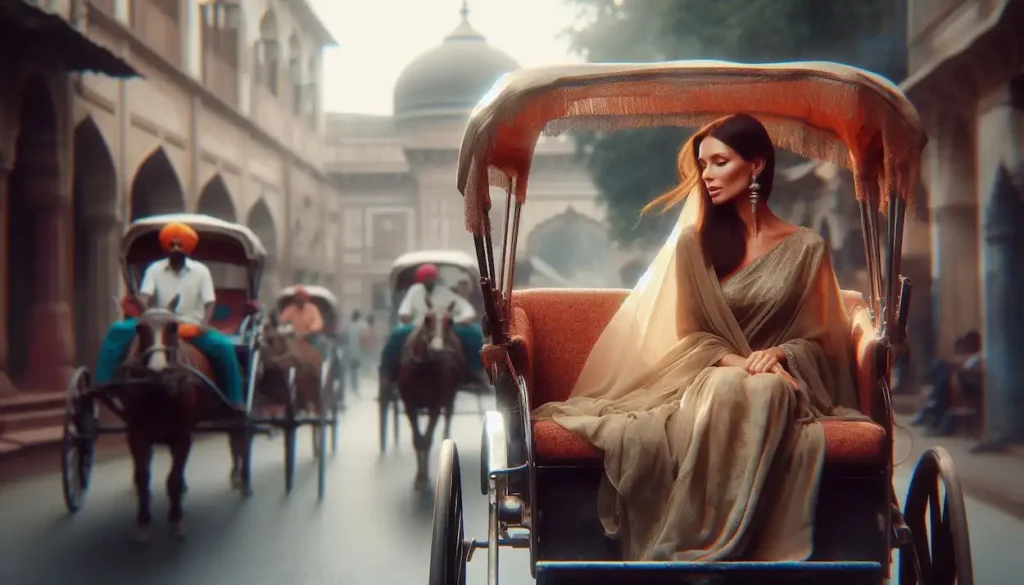 A woman in a flowing chiffon saree enjoys a traditional rickshaw ride through the historic streets of Old Delhi