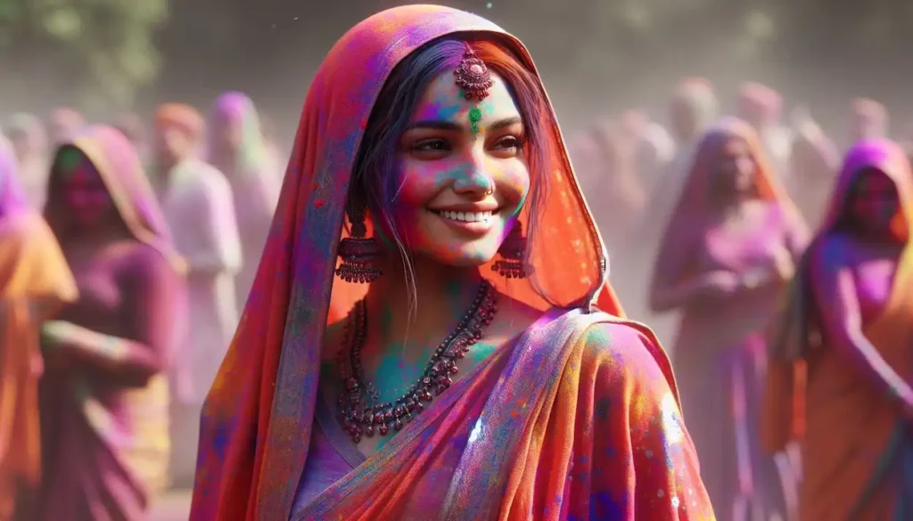 Indian woman in traditional Haryanvi attire celebrates Holi, covered in vibrant colors.