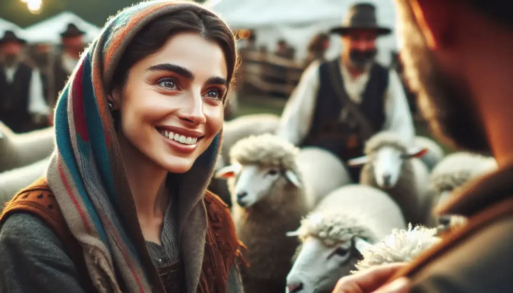 A smiling Indo-American woman interacting with local sheep farmers in Wales.