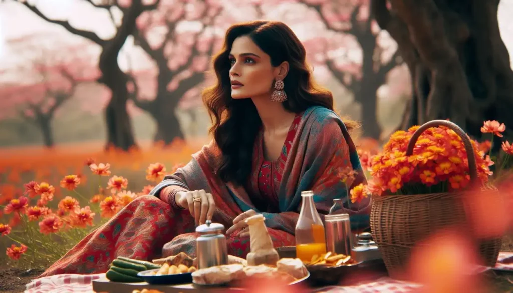 Woman enjoying picnic amidst Palash flowers.