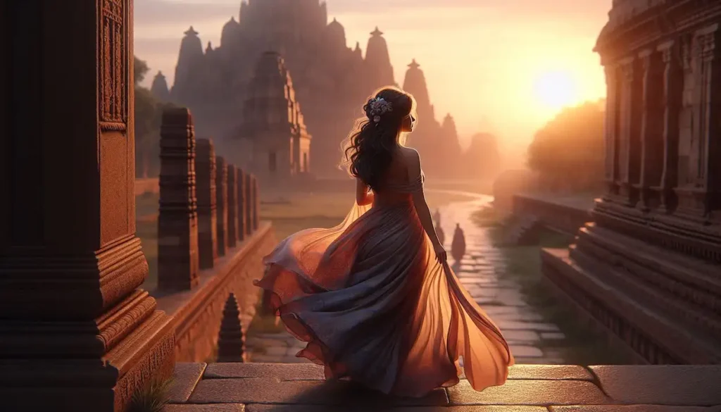 woman exploring Nalanda University ruins at sunset.