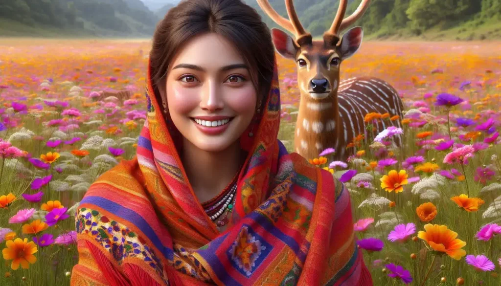 Woman in Inaphi shawl amidst wildflowers with Sangai deer at Keibul Lamjao National Park