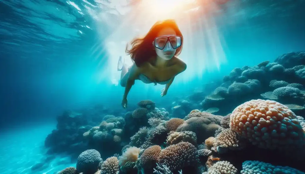 Indo-American woman snorkeling amidst the vibrant corals of the Great Barrier Reef.