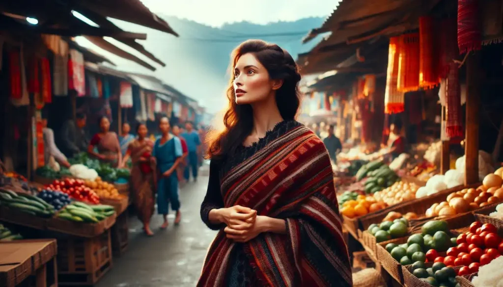 A woman in a traditional Naga shawl exploring the colorful Kohima Local Market in Nagaland