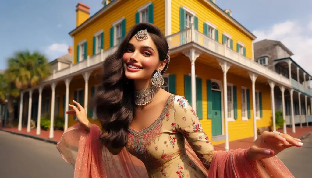 Playful woman in traditional attire posing in front of a French Quarter villa.