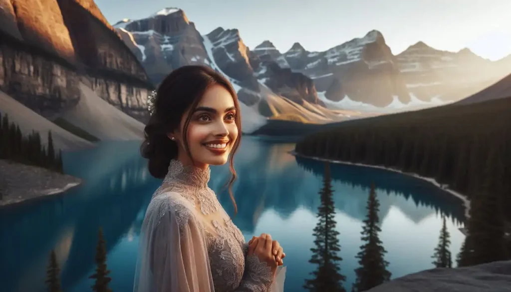 A woman with a radiant smile watches the sunrise over Moraine Lake, the golden light illuminating the surrounding mountains